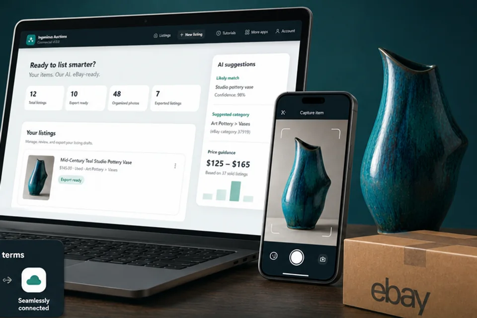 An antique vase listing being prepared on a phone and desktop