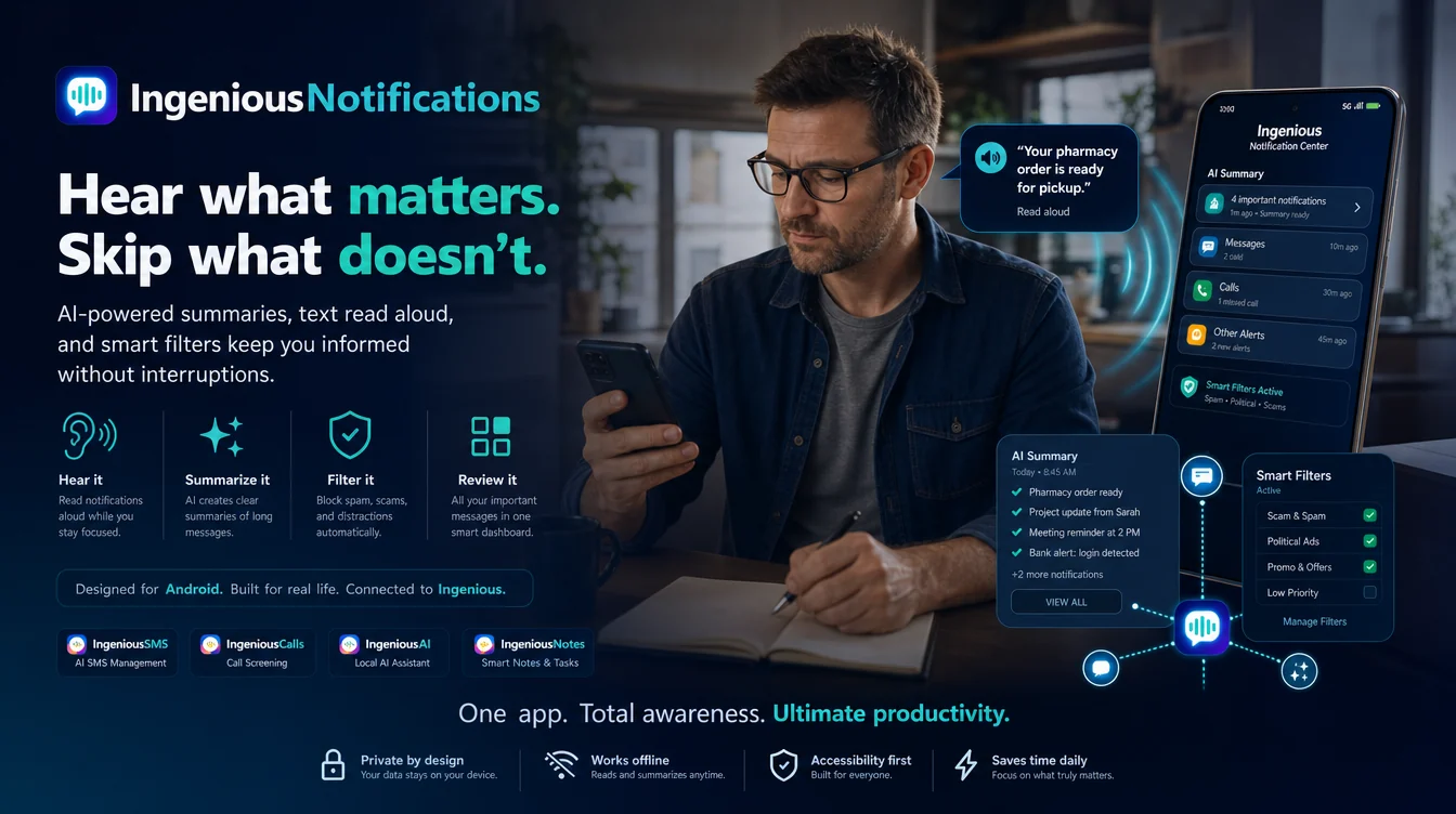 Ingenious Notifications showing spoken alerts, AI summaries, and smart filters beside an Android phone