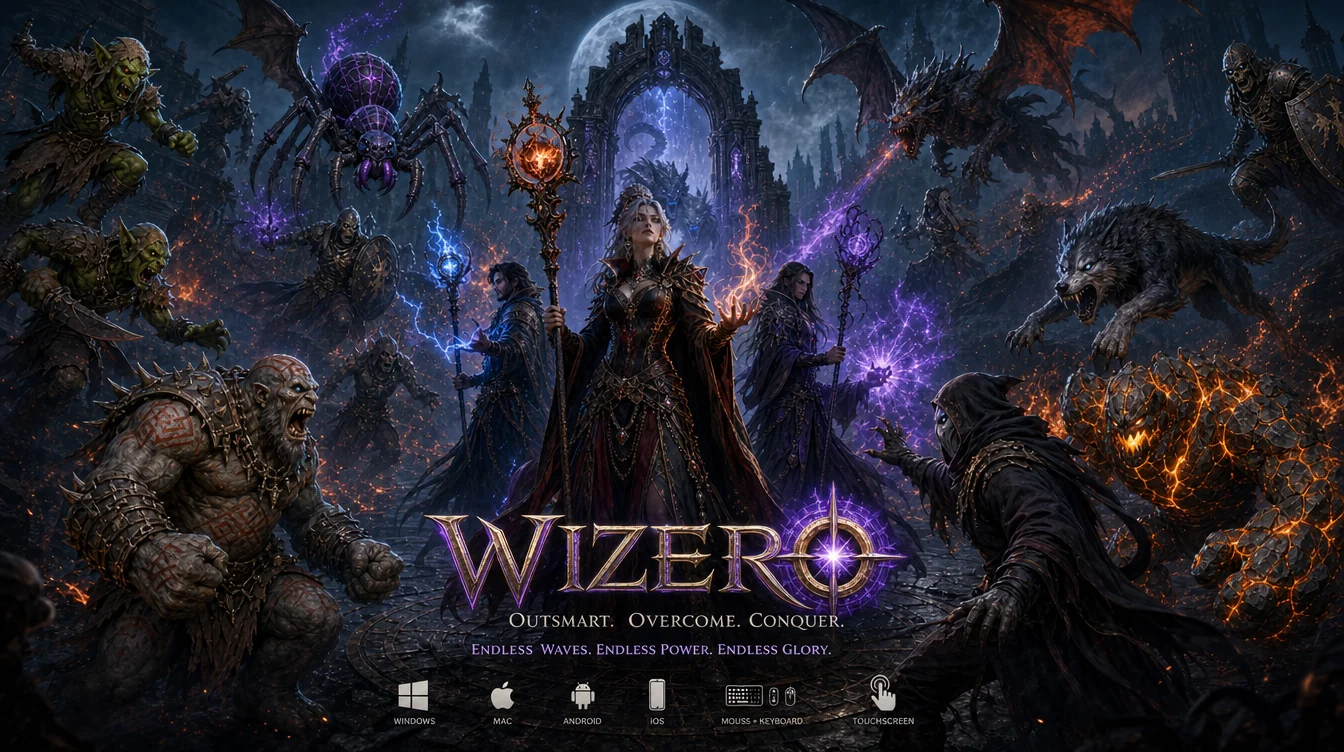 The wizards and monsters of Wizero gathered beneath a ruined dark-fantasy citadel